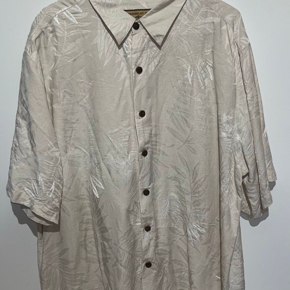 Caribbean Joe‎ Men's Gray Silk Palm Leaf Print Button Up Hawaiian Shirt Size 2XL